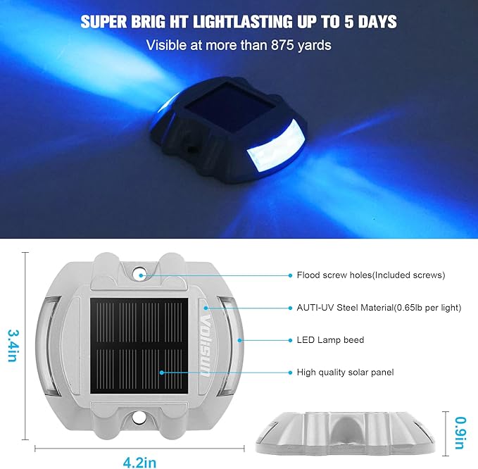 VOLISUN Solar Deck Lights Driveway Dock Lights, 8-Pack Led IP68 Waterproof Outdoor Warning Step Lights for Driveway Sidewalk Garden Pathway Yard (Blue, Auto On/Off
