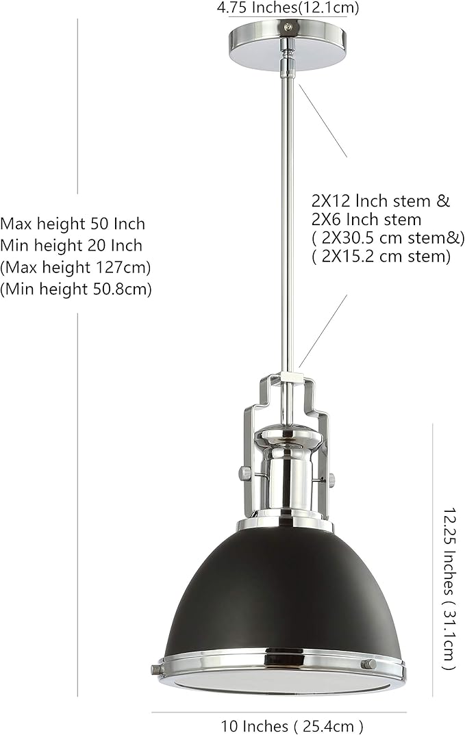 JONATHAN Y 10" Black/Chrome Modern Industrial Iron LED Dome Pendant Light, Adjustable Hanging Fixture for Kitchen Island or Entryway, Black Metal Shade, LED Bulb Included (JYL9535B)