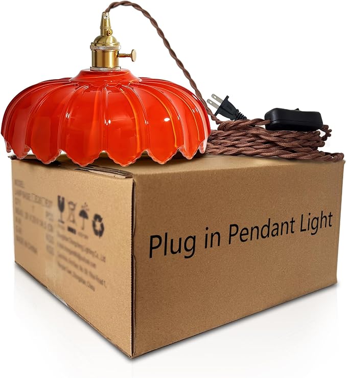 Plug in Pendant Light: Hanging Light Plug in Orange Glass Hanging Lamp, Pendant Lighting for Kitchen Island, Bedroom, Dining Room, Living Room, E26 No Bulb