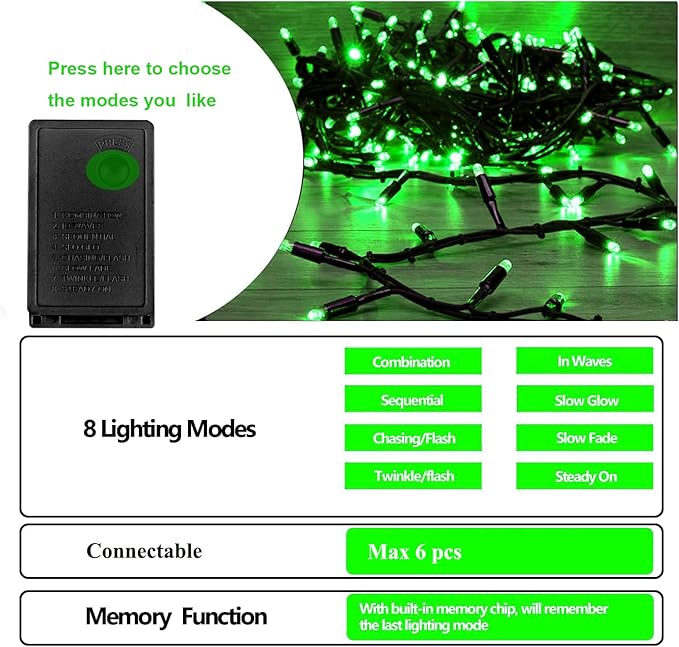 Green St. Patrick's Day Fairy Lights Decorations, 33ft Super Bright 100 LED Connectable String with 8 Modes for Indoor Outdoor Patio, Yard, Balcony, Christmas & Party Décor (Black Wire – Green)