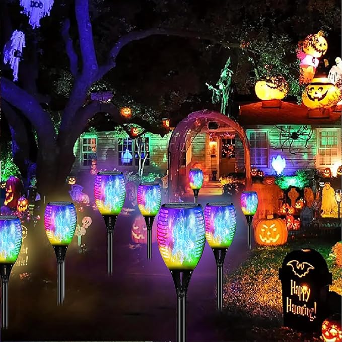 YoungPower Multi Color Halloween RGB Christmas Outdoor Solar Torch Lights, Flickering Flame Solar Garden Lights Decoration Waterproof Outside Yard Decor, 4 Pack