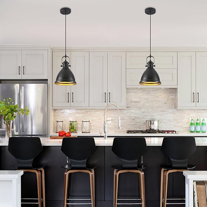 Farmhouse Pendant Lights Kitchen Island, 8.6 inches Matte Black Pendant Light Fixtures, Industrial Kitchen Pendant Lighting, Modern Hanging Light Fixture for Kitchen Sink Dining Room, 2 Pack