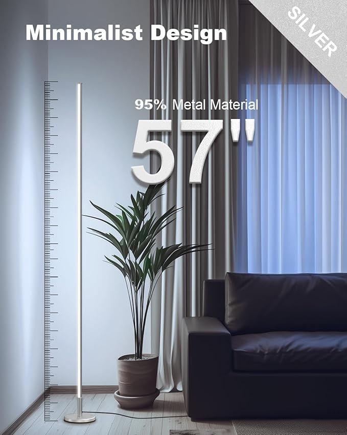 TACAHE Minimalist Corner Floor Lamp - 2700K-6500K Dimmable LED Night Light - Modern Standing Mood Lamp with Remote Control for Living Room, Bedroom - 57" 12W - Silver - 1Pack