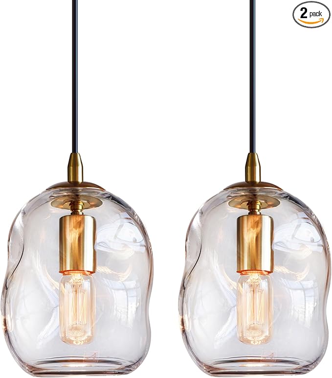 CASAMOTION Pendant Lights Kitchen Island 2 Pack Modern Contemporary Clear Glass Organic Globe Brass Hardware Adjustable Cord Bedroom Dining Table Small Medium Lamp 8 Inch Height