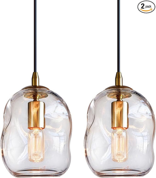CASAMOTION Pendant Lights Kitchen Island 2 Pack Modern Contemporary Clear Glass Organic Globe Brass Hardware Adjustable Cord Bedroom Dining Table Small Medium Lamp 8 Inch Height