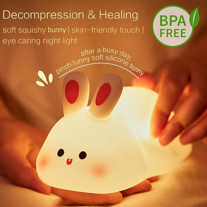 Cute Bunny Night Light, Squishy Rechargeable Bunny Lamp Kids Easter Gift, Big Face Rabbit Decor, Mom or College Girl Gifts, Dimmable Bunnies, Nursery Touch Nightlight, Safe Silicone