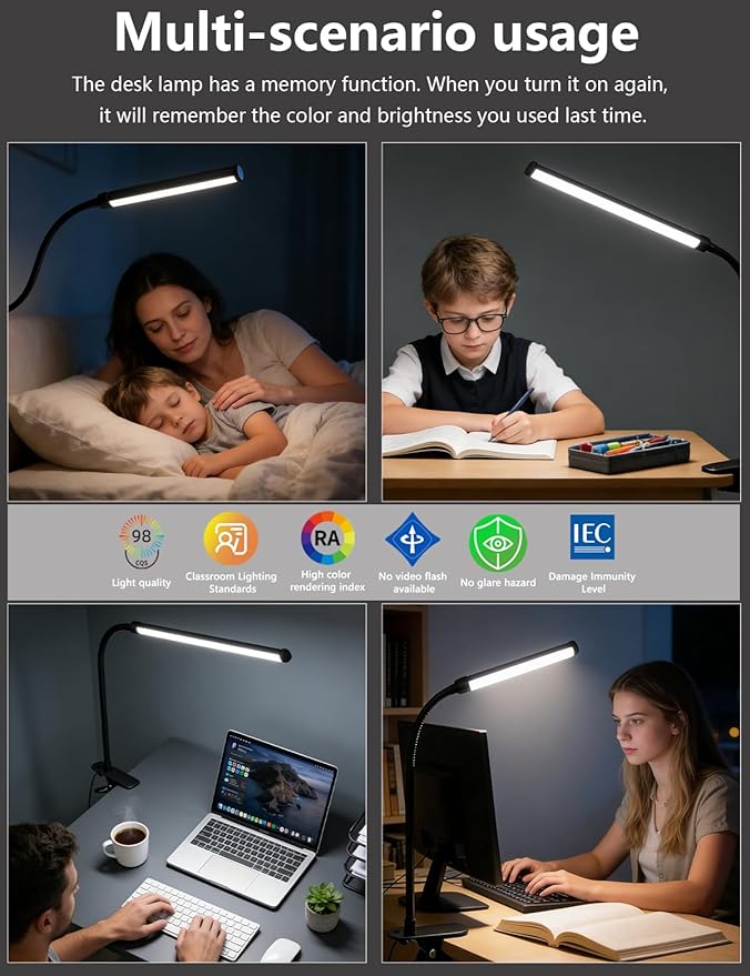 2 Pack LED Clip on Reading Light, 360 Flexible Gooseneck Dimmable Desk Lamp with Clamp, Eye-Caring Bedside Lamp for Bedroom Office Home Study, Computer Monitor Light Bar