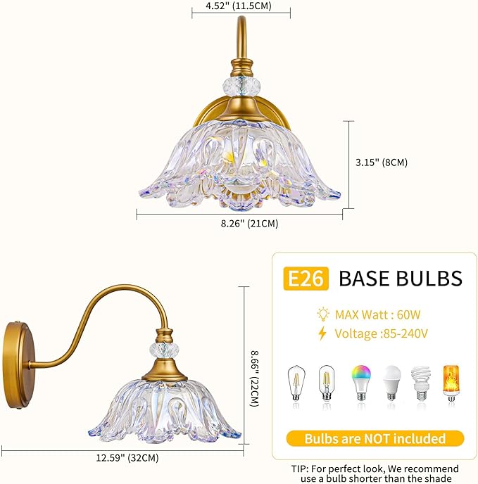 1 Piece Vintage Wall Sconce with Floral Rainbow Glass Shade, Matte Brass Finish Wall Mount Lighting for Bathroom,Vintage Bathroom Vanity Light Fixtures