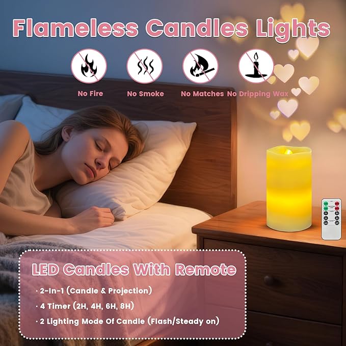 Flameless Candle Heart Projector Light,Valentines Day Decorations Candles Lamp with Romantic Heart Projector Lights, Battery Operated LED Candle with Remote&Timer for Girl Women Mom (Ivory - Heart)