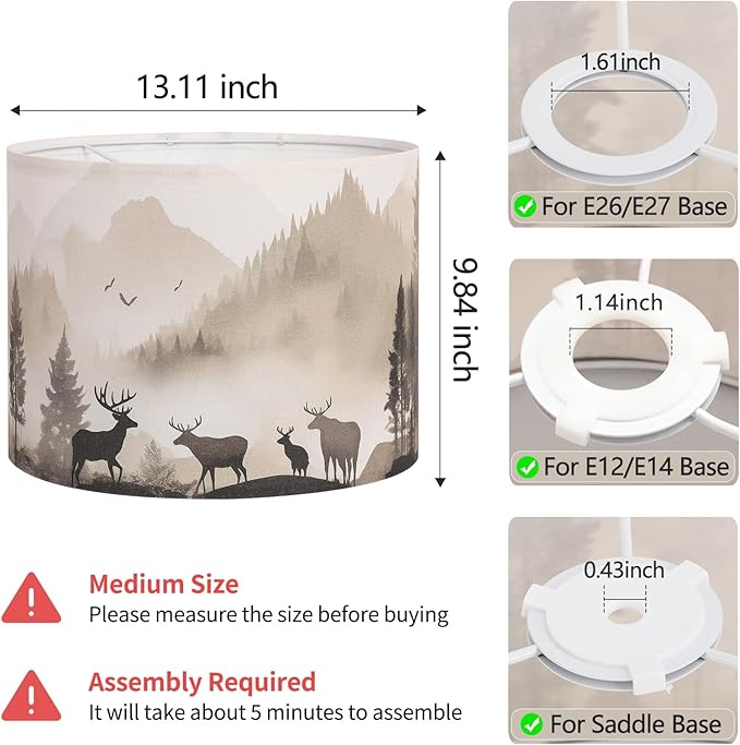 Fabric Lamp Shades Set of 2, 13x13x10in Drum Lamp Shades, HD Printing Deer and Forest Lamp Shade, Western Lampshade fit with Spider, Rustic Farmhouse Lamp Shade for Table Lamps, Floor Lamps