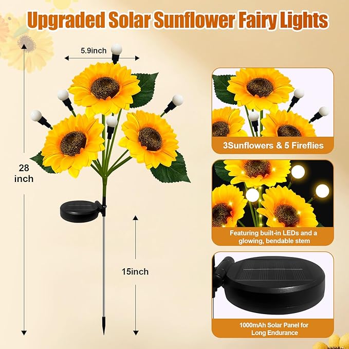 Sunflower Solar Lights Outdoor, 2 Pack Sunflowers with Firefly Lights, Waterproof Solar Flower Lights with 1000mAh Battery for Patio Porch Lawn, Gifts for Mom Women Grandma, Yard Decorations Outdoor
