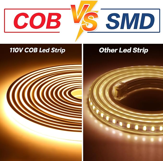 COB Led Strip Lights Waterproof IP67 AC 110V 120V Light Stip 3.28 ft Cuttable LED Rope Lights 320LEDs 3000K Warm White Super Bright with US Plug for Bedroom Ceiling Kitchen Under Cabinet Closet