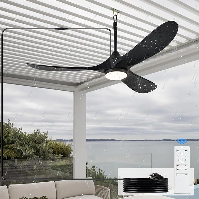 Outdoor Ceiling Fan with Light Waterproof - Plug in Hanging Hook for Patio, Porch, Gazebo - 42 inch Wet Rated Weatherproof Exterior Black 3 Blades Ceiling Fan with Remote