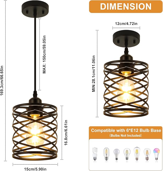 WILON Farmhouse Pendant Lights for Kitchen Island,5.9'' Spiral Cage Pendant Lights,Adjustable Black Industrial Pendant Light Fixtures Retro Lighting for Kitchen Island, Living Room, Bedroom (1-Light)