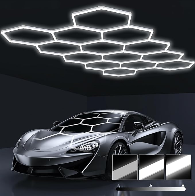 HYPERLITE Gen 2 Hexagon Garage LED Light, Upgraded 3 Level Dimmable 399W 39900LM Super Bright Garage Detailing Lights, 14 Grids Hex Shop Lights, Hexagon LED Lights for Basement, Car Detailing, Gym