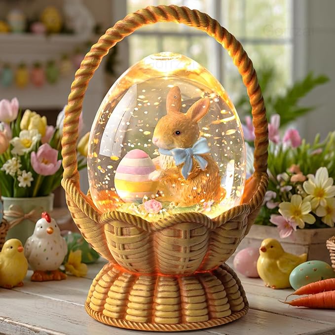 Easter Snow Globe Lantern Bunny Easter Decorations for Home with Timer Swirling Glitter, Lighted Indoor Decor Gifts with Basket Eggs, USB or Battery Operated