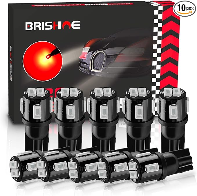 194 LED Bulbs Extremely Bright Brilliant Red 5630 Chipsets 168 2825 175 T10 W5W LED Replacement Bulbs for Interior Map Dome Courtesy Door License Plate Lights(Pack of 10)