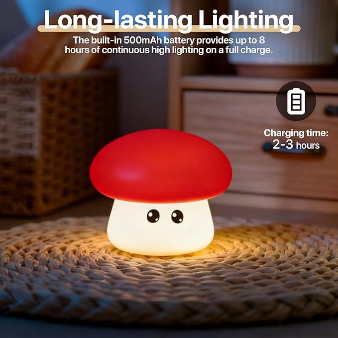 Cute Mushroom Night Light for Kids Rechargeable, Battery Operated Nightlight 3 Level Dimmable with RGB&Timer, Silicone Touch Nursery Lamp for Baby Girls Boys Bedroom Gifts