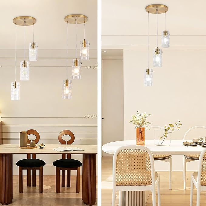Modern Glass Pendant Light, Copper Finish 3-Light Chandelier for Kitchen Island/Dining, Height Adjustable, E26 Sockets, Bulbs Not Included