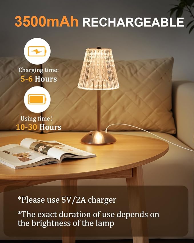 Cordless Touch Table Lamp, LED Rechargeable Small Dask Lamp, 3 Colors Dimmable Battery Operated Crysta Lamp for Bedroom Restaurant Kitchen Home Decor, Gold, 2pcs (2, Silvery)