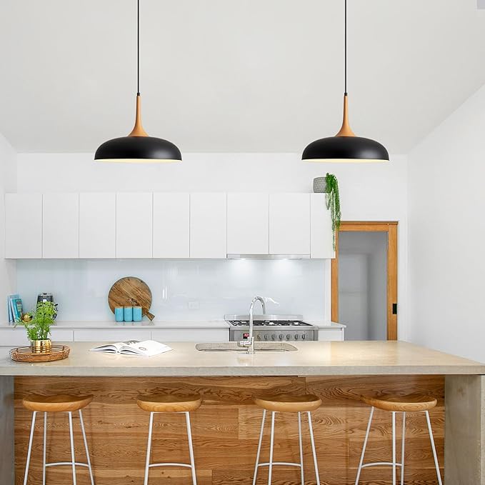 Oversize Black Pendant Lights Kitchen Island,Modern Pendant Light Fixtures,Farmhouse Adjustable Hanging Pendant Lighting Foyer Entryway Hallway Bedroom Dining Room Living Room,Faux-Wood,Large 15.75 in