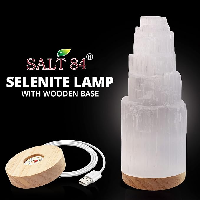 Selenite Crystal Lamp, 20 cm Tall, High Energy Skyscraper Lamp with Wooden Base & USB Charging Cable, ETL Certified, Hand Curved Selenite for Spiritual Protection and Therapy