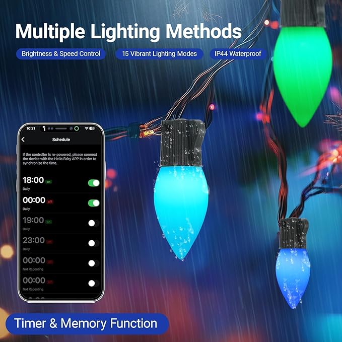 C9 Christmas Lights Outdoor, 82FT 100 LED RGB Color Smooth Changing Bulbs,App Bluetooth Music Sync, DIY Scenes & Timers, IP44 Waterproof Roofline Eaves Porch Fence Decorations