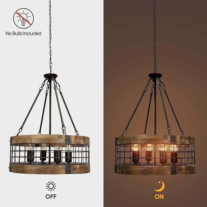 Farmhouse Rustic Chandelier Light Fixture, 4-Light Round Hanging Pendant Lighting for Dining Room Entryway Kitchen Island Foyer Breakfast Area, Black Wood and Black Metal Finish