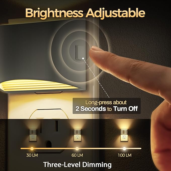 DORESshop LED Night Light[4 Pack], Night Lights Plug into Wall, 3 Level Brightness Adjustable Plug in Night Light, Dusk to Dawn Sensor Nightlights for Adults, Bedroom, Hallway, 3000K, Gray Cover