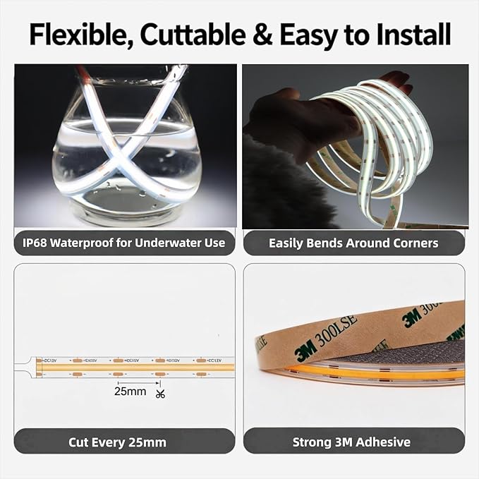 COB LED Strip Light IP68 Waterproof, 16.4FT 12V High Density 480 LEDs/m CRI>90 6000K Cool White Solid Silicone Sealed Dotless LED Tape Light for Outdoor, Pool, Bathroom, Landscape (No Power Supply)