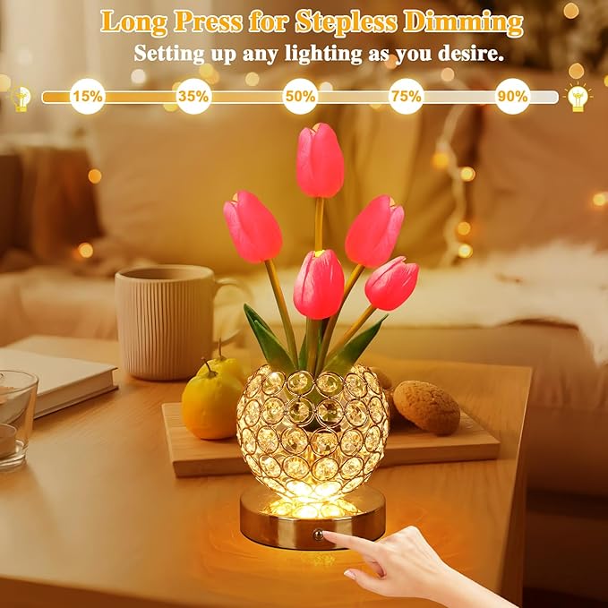 Mothers Day Gifts/Birthday Gifts for Women/Mom Table Lamp, 3 Color Crystal Flower Bedside Lamps Infinitely Dimming with USB Charge Small Night Light,Nightstand Touch Lamp for Bedroom (red-tulip)