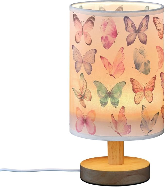 Table Lamp Colorful Butterflies Pink Blue Butterfly Nightstand Lamp with Wood Base Fabric Lamp Shade Bedside Desk Lamp for Living Room Bedroom Kids Room Office