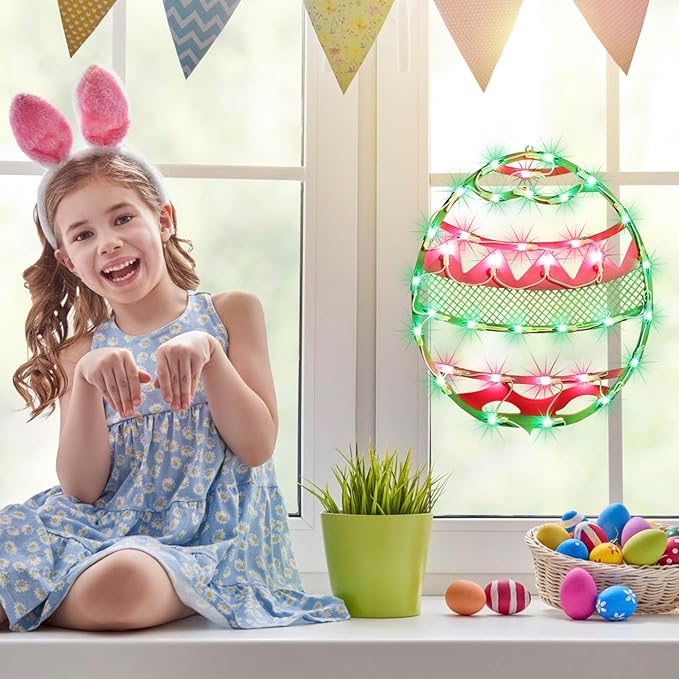 LAMPHOME 17" Lighted Green with Pink Chevron Stripe Easter Egg Window Silhouette