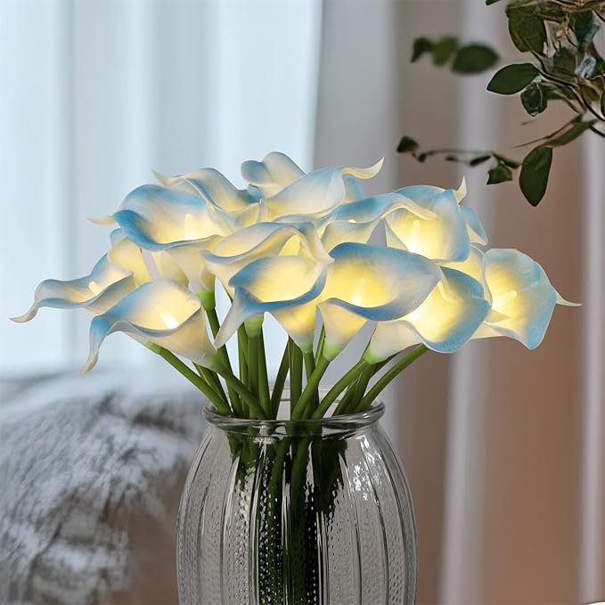 20pcs Lighted Artificial Calla Lily Bouquet Lamp Faux Floarl Night Light Real Touch Flower Night Lamp LED Calla Lily lighted Artificial Flower for Holiday Gifts Home Kitchen Decor(Light Blue, No Vase)
