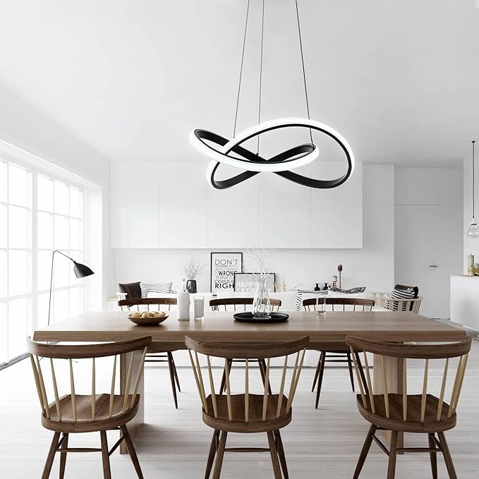 MAYNA Modern LED Pendant Light with Remote Control, 3-Color Dimmable Contemporary LED Chandelier with Irregular Ring Lights, Modern Chandeliers for Dining Room Kitchen, Black 25.6 inch