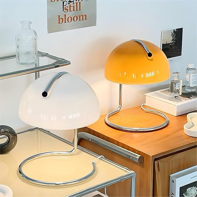LIGHTLAND Modern Table Lamp, 8.7 Inch Bauhaus Style Semicircle Shape Bedside Lamp with Glass Shade and Metal Lamp Body, Glass Table Lamp for Study, Bedroom, Living Room (Pack of 1, Orange)