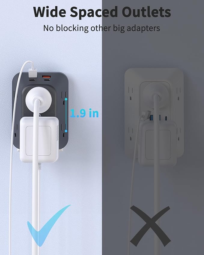 USB Wall Charger Surge Protector, HOPOW 6 Outlet Extender with 4 USB Charging Ports (2 USB C), 3-Sided 1050J Multi Plug Wall Outlet, Wall Mount for Home Travel Office, Black