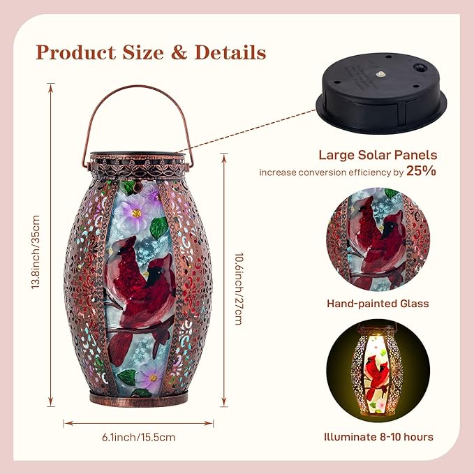 Larger Hanging Cardinal Solar Lantern 2 Pack Waterproof, Solar Lantern Decorative Cardinals Solars Lights for Outside Yard Table Patio Garden Pathway Lawn Cardinal Gifts
