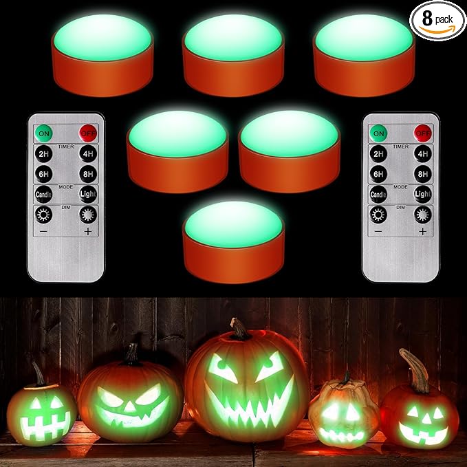 Riakrum 6 Pieces Remote Timer LED Lights with Remote LED Pumpkin Lights Battery Operated Lantern Bright Flameless Candle(Orang, Green Light)