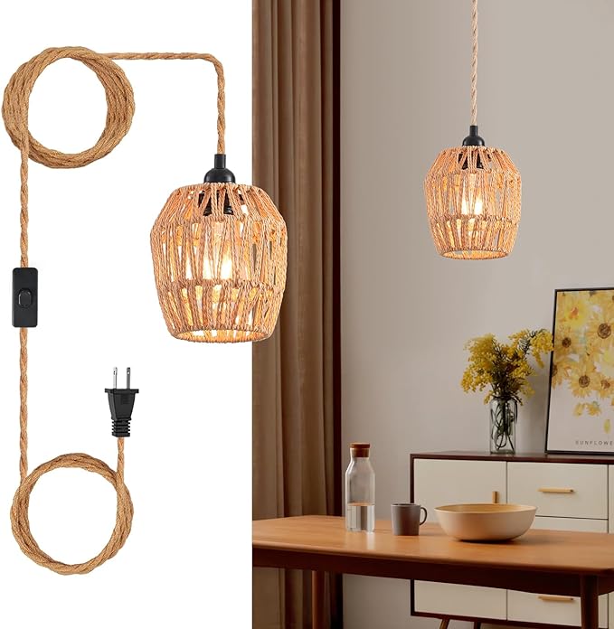 Plug in Pendant Light, Industrial Hanging Light with Plug in Cord Hemp Rope On/Off Switch Farmhouse, Vintage Pendant Light Fixture, Hanging Lamps for Dining Room