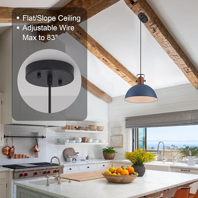 12 Inch Blue Pendant Lights Hammered Matte Pendant Lights for Kitchen Island Industrial Farmhouse Adjustable Height Dome Hanging Light Fixtures for Barn, Dining Room 1 Pack