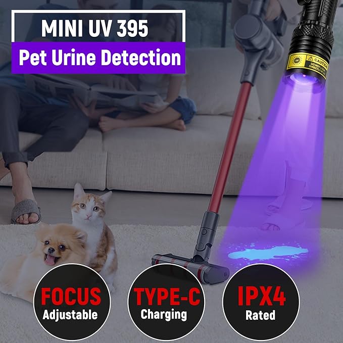 DARKDAWN UV Flashlight 395nm Black Light Mini USB Rechargeable Ultraviolet LED Blacklight Woods Lamp Powerful Portable Detector for Pet Urine Stains, Scorpions, Resin Curing