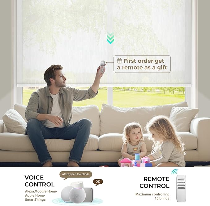 HeyBlinds Motorized Roller Shades, Smart Blinds for Windows, Remote Automatic Window Shades, Electric Shades, Light Filtering, Compatible with Alexa Google Apple Home (Grace-Perla White LF)