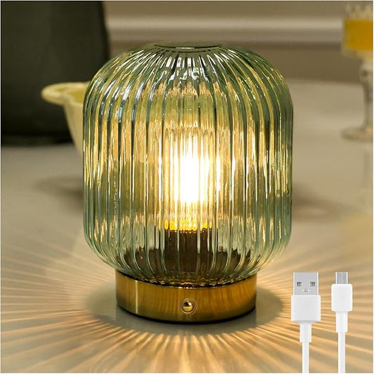 MJ PREMIER Rechargeable Lamp, Green Glass Lamp with Memory Function, Cordless LED Lamp with Dimmable Brightness, Decorative Touch Lamps for Bedroom Living Room