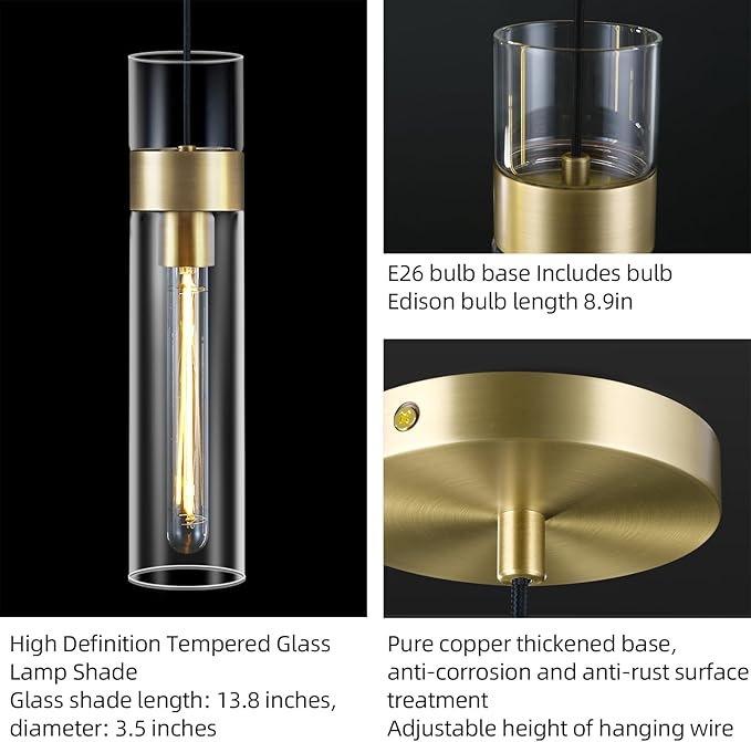 Modern Glass Brass Pendant Lights Kitchen Island, Adjustable Cord Pendant Light Fixtures, Kitchen Pendant Lighting Over Island, Indoor Chandelier for Bedroom Bathroom, Included Bulb