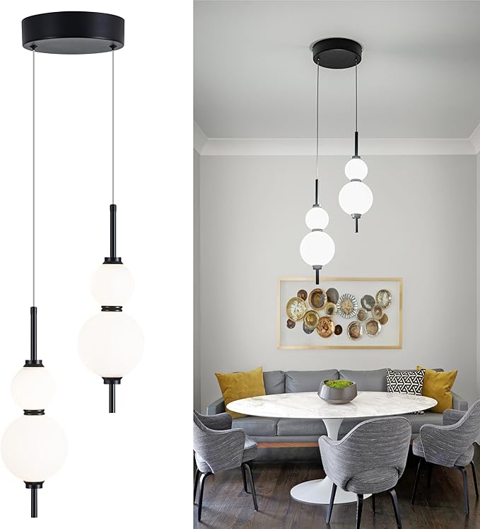LED Modern Matte Black Pendant Light, 20W Dimmable Cluster Pendant Lights Kitchen Island with 4 Globes, Adjustable 2-Light Hanging Pendant Light Fixtures for Dining Room, Living Room,3000K-6000K