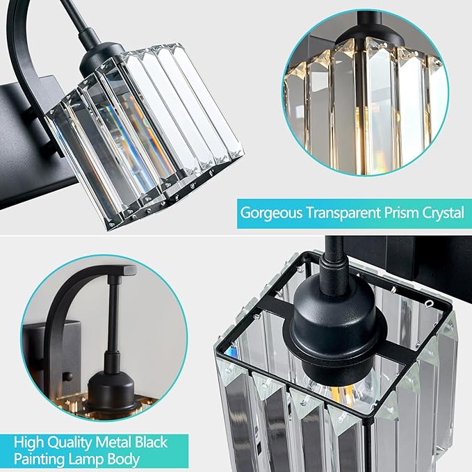 Wall Sconces, Set of 2 Black Crystal Vanity Lights, Modern Wall Lamp for Bathroom, Hallway, and Makeup, Easy Installation