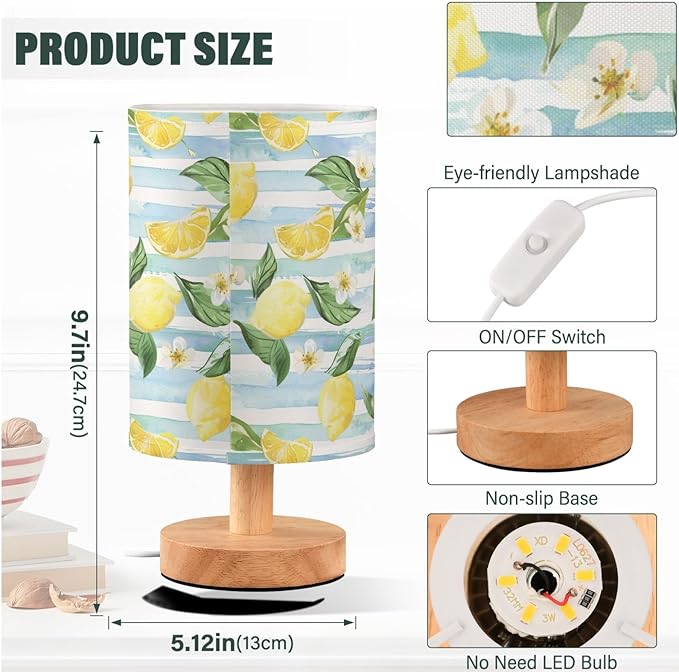 Blue White Striped Lemon Floral Table Lamp for Bedroom USB Port Lamps Small Accent Table Lamp Nightstand Lamp Study Linen Shade with Wooden Base, Decorative Lamps for Bedside Reading|Kids|Dorm|Home