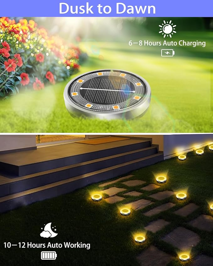 Solar Lights Outdoor Waterproof, 18 Pack 8 LED, Thickened Stainless Steel Ground Light, Solar Garden Lights Landscape Lighting for Patio Pathway Lawn Yard Deck Driveway Walkway, Warm White