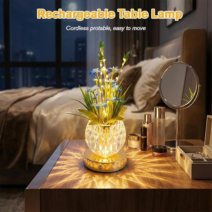 Flower Table Lamp, Mini Lily Table Decor with 3 Colors Dimmable, Artificial Flowers Night Light, Rechargeable Glass Lamp Small Desk Lamp for Party Holiday Home Decoration (Blue - Lily)
